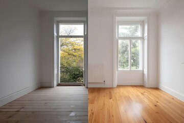 Fototapeta premium Simple and bright room with wooden floor.