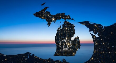 Map of Michigan State with Illuminated City Lights and Blue Twilight Sky