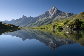 Fototapeta premium Majestic mountains reflect in calm water.