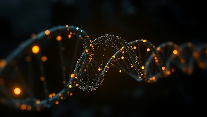 Dark DNA strands glowing under artificial light, revealing intricate hidden patterns.