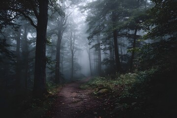 Obraz premium Dark forest path shrouded in fog.