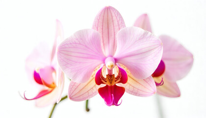Obraz premium High-resolution closeup of a beautiful pink Phalaenopsis orchid with a vibrant red and purple center, isolated on a clean white background, with other blooms in the soft focus