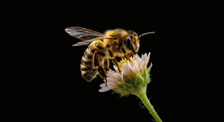 Macro shot of a bee on a yellow flower growing from a compost pile in a garden