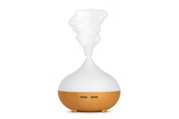 Modern essential oil diffuser releasing calming aromatic mist on transparent background