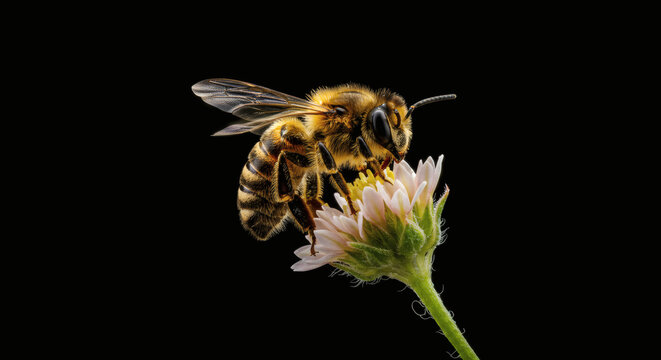Macro shot of a bee on a yellow flower growing from a compost pile in a garden
