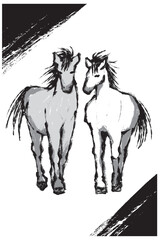二頭の佇む馬の墨絵イラスト