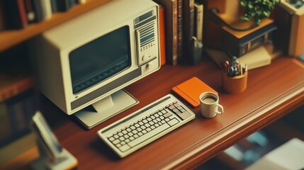 Vintage Computer and Coffee Cup on Rustic Wooden Desk Setup