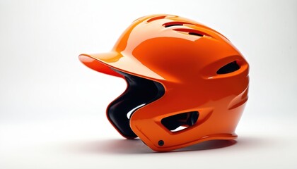 Bright orange baseball helmet isolated on white background. Protective headgear offers safety for players, featuring durable plastic shell with vents for airflow. Essential sports equipment for