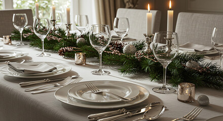 Elegant Christmas dining table setting with festive decorations, including candles, silverware, and greenery, creating a warm and inviting holiday atmosphere for a special celebration