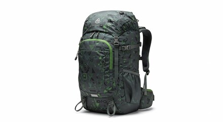 Naklejka premium 深緑迷彩柄 丈夫な登山リュック 快適な背負い心地. AI Generated