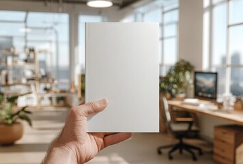 Person Holding Blank White Card in Bright Modern with Large and Desk