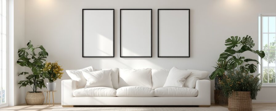 Modern minimalist living room with white sofa, decorative pillows, and large potted plants on either side, featuring three abstract framed artworks on a light grey wall