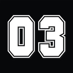 03,Classic Vintage Sport Jersey Number, Uniform numbers in black as fat fonts, number. For American football, baseball or basketball and ice Hockey.