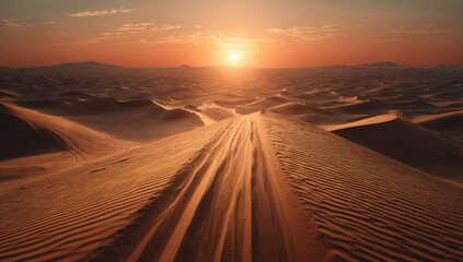 Sunset over vast, undulating sand dunes; tire tracks lead towards the sun