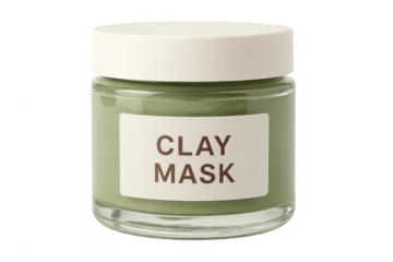 Green clay mask in a glass jar with white lid on transparent background