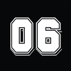 06 Classic Vintage Sport Jersey Uniform numbers in black with a black outside contour line number on white background for American football, Baseball and Basketball or soccer for shirt