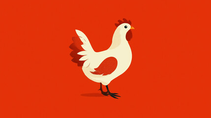 Fototapeta premium White hen standing on red background: minimalist illustration