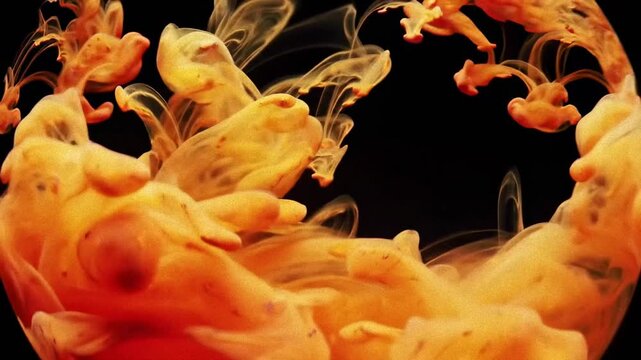 Abstract orange ink slowly dissolving and swirling in water against a black background, creating a mesmerizing and dynamic visual effect ideal for backgrounds.