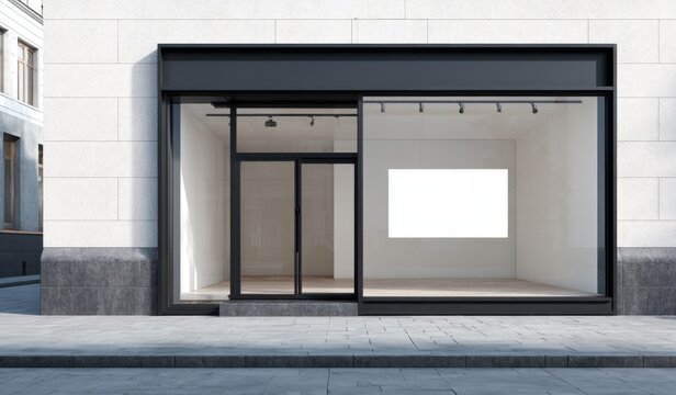 Modern minimalist storefront with large glass and a sleek entrance, set against a neutral building facade