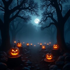 Scary Halloween night background with pumpkins, bats, and a spooky tree silhouette against the orange autumn moon