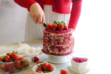 still life a whole cake in red and white concept
