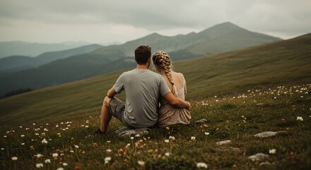 恋人二人 山並みを背に穏やかに座る 優しい光. AI Generated