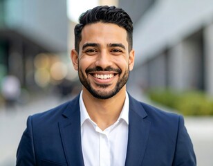 Fototapeta premium Confident Young Businessman Smiling Outdoors in Modern City Setting.