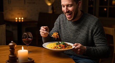 温かい照明 笑顔輝く男性 パスタを満喫 This translates roughly to: "Warm lighting, smiling man, enjoying pasta." It's under 120 characters (including spaces).. AI Generated