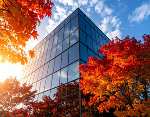 City glass building reflecting red autumn trees