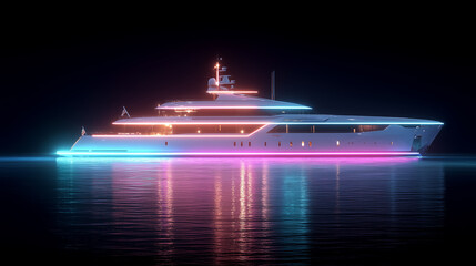 Luxury yacht sailing at night with neon lights reflecting in water