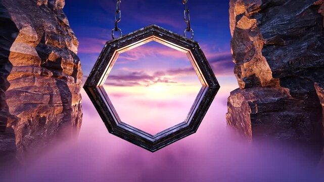 A stunning hexagonal frame suspended between rocky cliffs at sunset, creating a surreal landscape