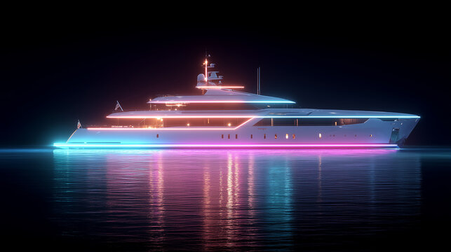 Luxury yacht sailing at night with neon lights reflecting in water