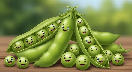 Green Pea Pods with Happy Smiling Faces on Wooden Surface Outdoors