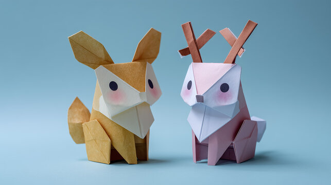 Origami fox and deer folded paper animals sculptures representing wildlife