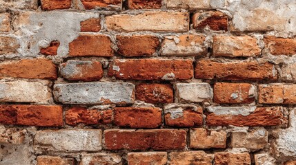 Obraz premium Weathered brick wall, varied tones of red, orange, and grey