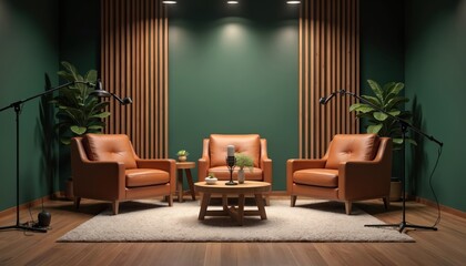 Podcast studio setup with three comfortable brown leather armchairs arranged around wooden coffee table. One microphone stands ready for interview recording session. Room features green walls, wooden