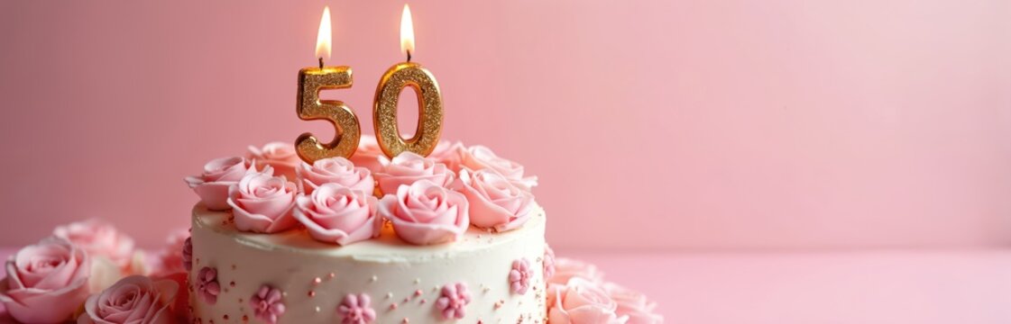 Elegant birthday cake with pink roses, gold number 50 candles. Festive dessert for 50th anniversary celebration. Sweet treat features delicate floral decorations, creating joyful, memorable - Powered by Adobe