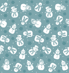 Seamless Christmas Snowman With Snowflakes On Teal Background For Gift Wrap And Fabric Print