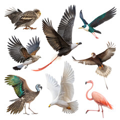 Fototapeta premium Diverse birds in flight and standing eagle falcon