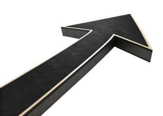 A bold black arrow with a metallic silver outline pointing upwards and to the right isolated on transparent background