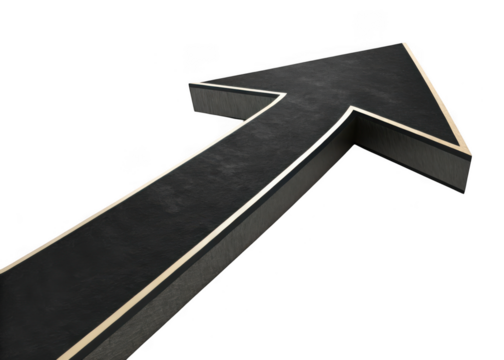 A bold black arrow with a metallic silver outline pointing upwards and to the right isolated on transparent background