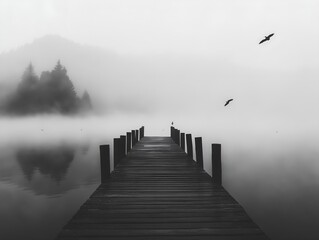 Fototapeta premium a pier, in the fog, showing black and white, the details, good picture.