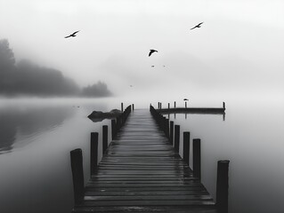 Obraz premium a pier, with the light, and the fog, the composition is good, great picture.