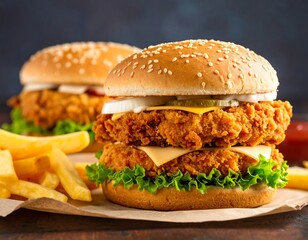 Delicious Double Fried Chicken Burgers with Crispy Fries and Lettuce.