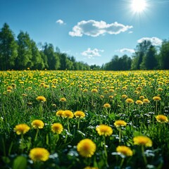 Fototapeta premium Dandelions Field under Sunlight. spring nature background with yellow flowers