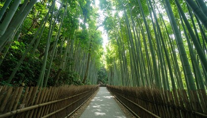 Serene bamboo forest pathway with sunlight filtering through trees.