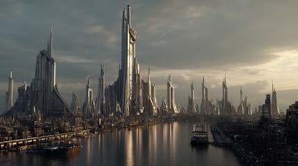 Obraz premium Futuristic cityscape with river and tall buildings