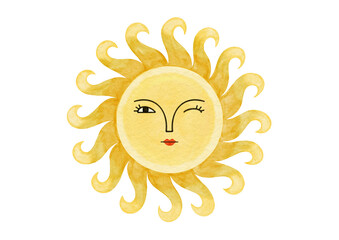Sun face art watercolor illustration