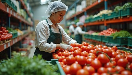 Woman with hairnet, gloves sorts fresh tomatoes in produce warehouse. Red vegetables in green crates on shelves. Agriculture, harvest, food supply chain, logistics, retail, industry.
