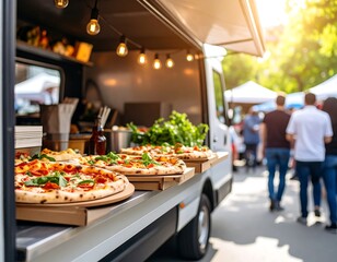 Delicious Pizzas Displayed on a Food Truck Counter at an Outdoor Market.